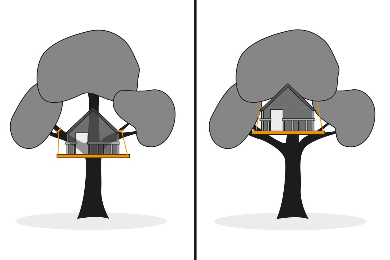 Illustration eines Baumhauses mit Plattform und Seilaufhängung