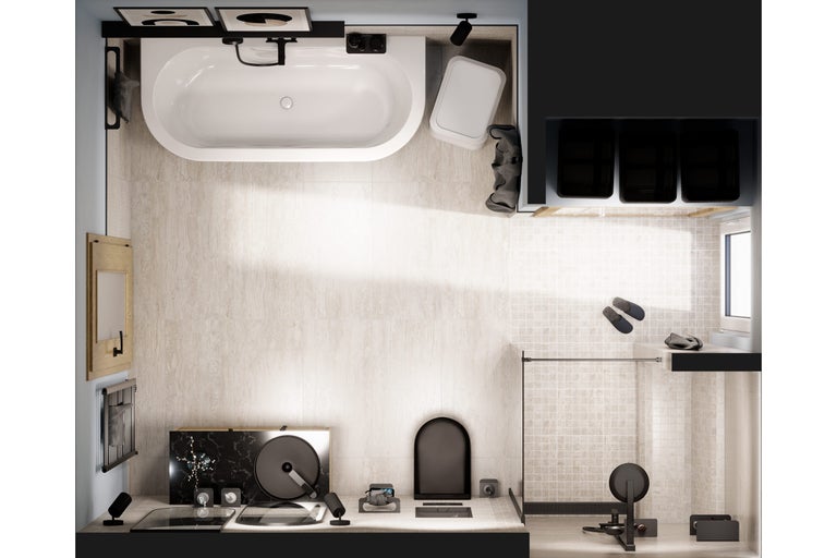 Draufsicht eines Badezimmers mit Badewanne, Waschtisch, Spiegel, Handtuchwärmer und Sportgeräten