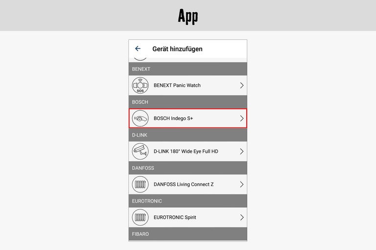 App-Ansicht mit der Option BOSCH Indego S+