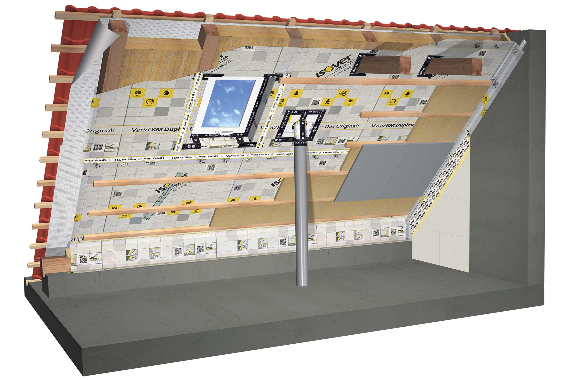 Illustration eines isolierten Dachs mit Dachfenster, Dachziegeln, Holzrahmen und Isover Dämmmaterialien