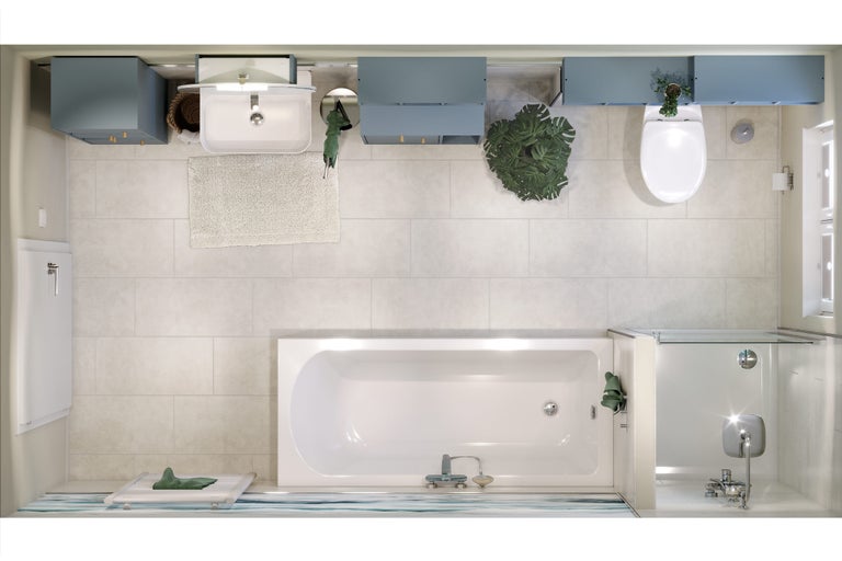 Ansicht von oben eines Badezimmers mit Badewanne, Toilette, Waschbecken und Badezimmermöbeln.