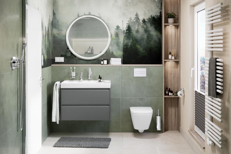 Modernes Badezimmer mit Waschtisch, Spiegel, Toilette und Heizkörper