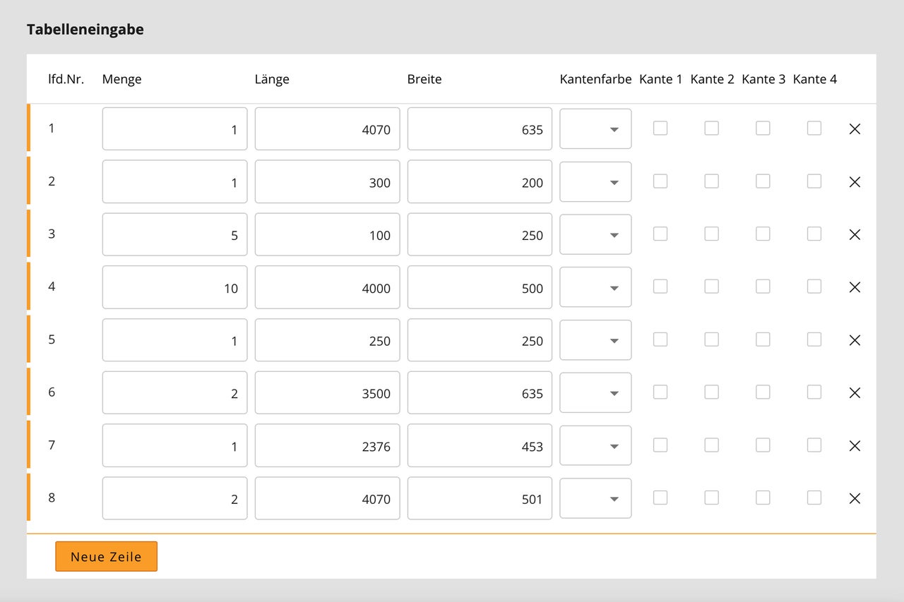 Tabellarische Eingabemaske für Holzzuschnitte mit Feldern für Menge, Länge, Breite und Kantenbearbeitung sowie Schaltfläche für neue Zeilen.