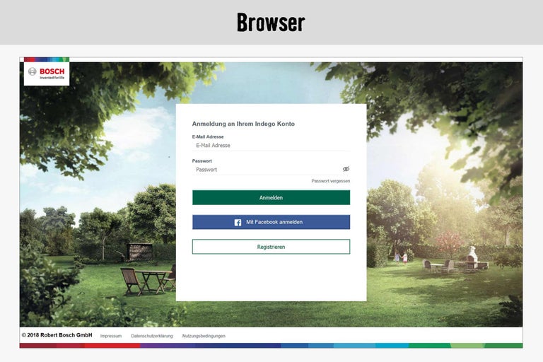 Bosch Indego Konto Anmeldeseite in einem Webbrowser