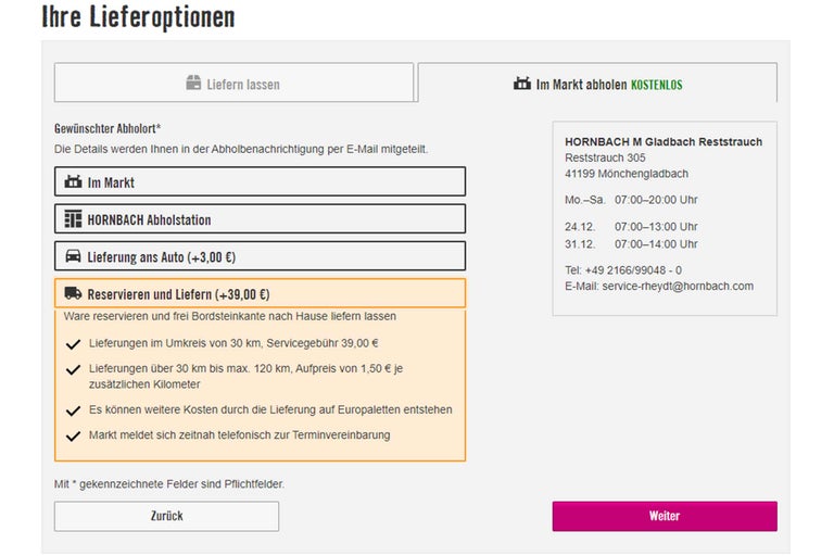 Lieferoptionen bei Hornbach: Auswahl zwischen Abholung im Markt, Abholstation oder Lieferung