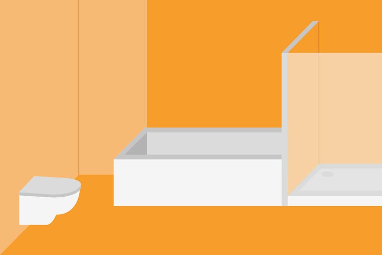 Illustration eines Badezimmers mit Toilette, Badewanne und Dusche