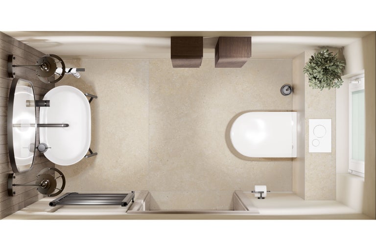 Vogelperspektive eines hellen Badezimmers mit Badewanne, Toilette und Waschtisch