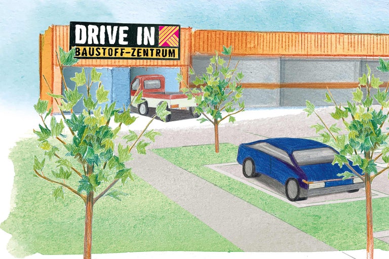 Illustration eines Drive-In-Baustoffzentrums mit geparkten Autos und einem Lkw