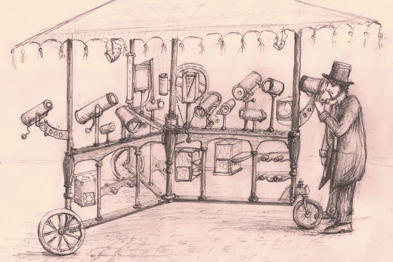 Skizze eines Händlers mit Teleskopen auf einem fahrbaren Stand