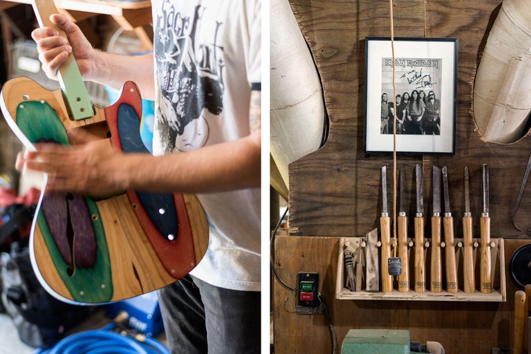 Werkstatt-Szene mit Gitarrenbau, Werkzeugen und einem Iron Maiden-Poster