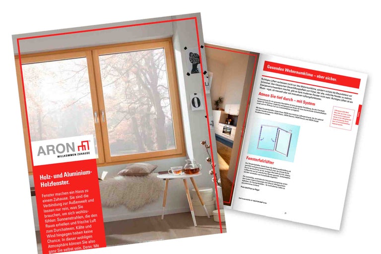 Werbebroschüre für Holz- und Aluminiumfenster der Marke ARON mit dem Slogan Willkommen Zuhause.