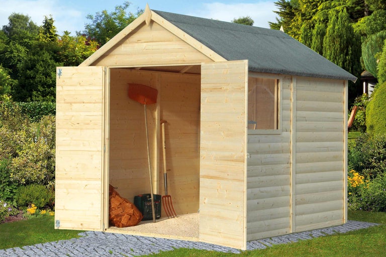 Gartenhaus aus Holz mit geöffneten Türen, im Garten platziert
