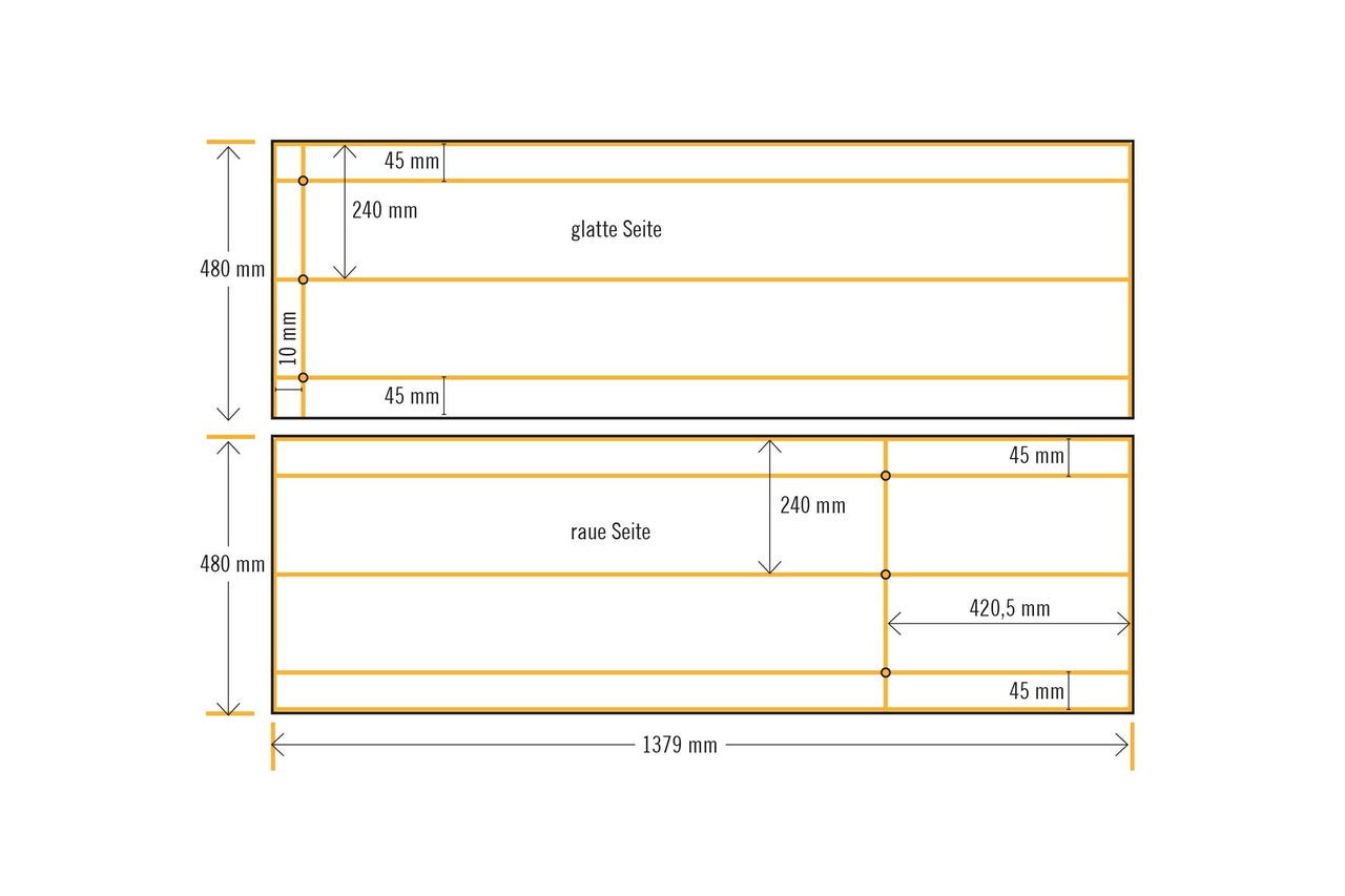 Diagramm einer Holzplatte mit glatter und rauer Seite und Maßangaben