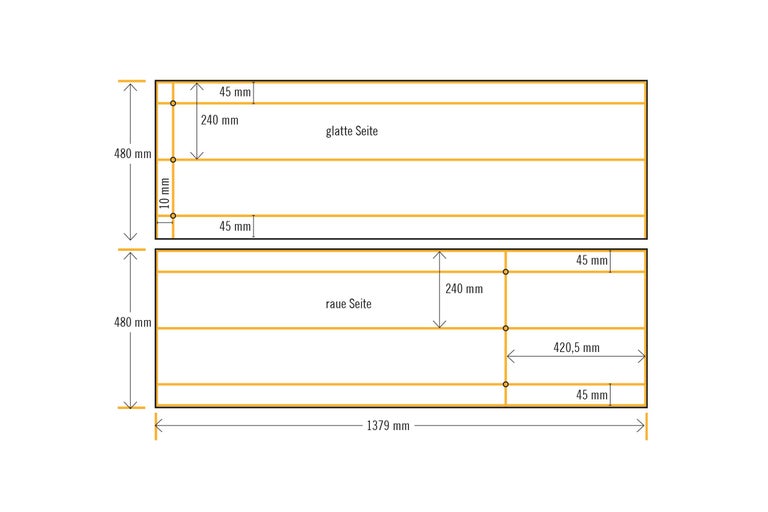 Diagramm einer Holzplatte mit glatter und rauer Seite und Maßangaben