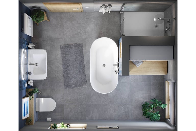 Vogelperspektive eines Badezimmers mit Badewanne, Waschbecken, Toilette und Dusche