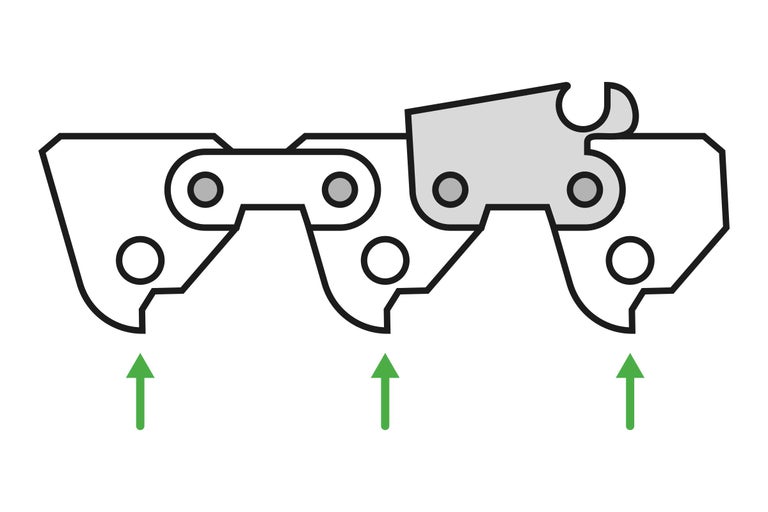 Kettensägenkette Detailansicht mit Schnittrichtungspfeilen