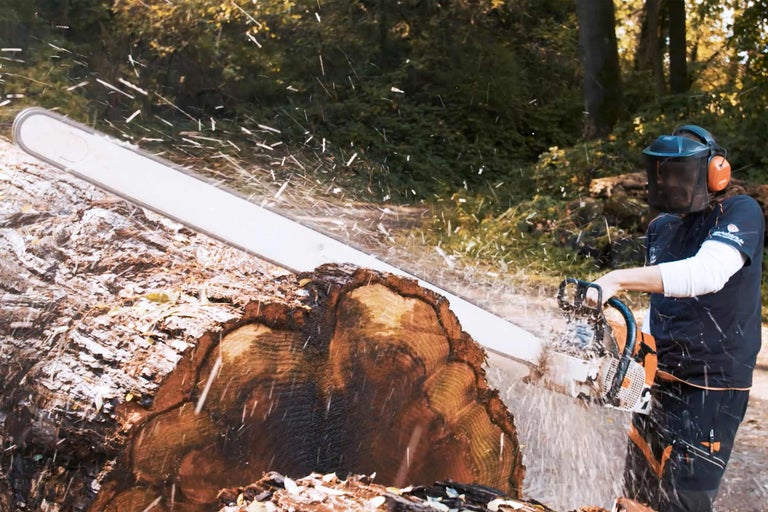 Eine Person sägt mit einer Kettensäge einen Baumstamm.