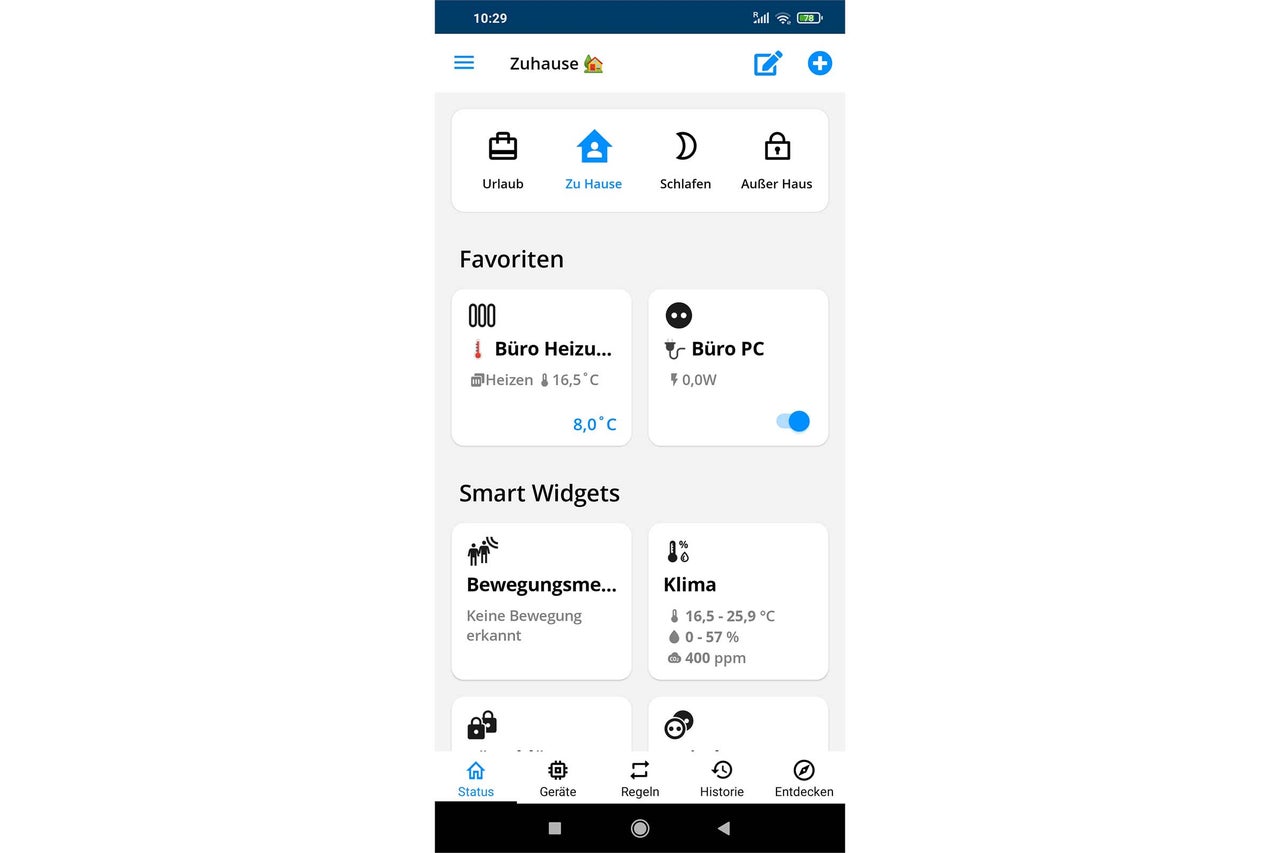 Smart Home App mit Anzeige von Favoriten und Smart Widgets