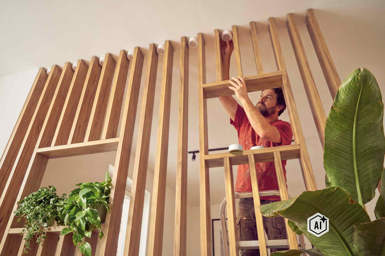 Ein Handwerker montiert Deckenspots zwischen einer Lamellenwand, die als Raumteiler in einem Wohnraum dient. Bild ist als KI-modifiziert gekennzeichnet.