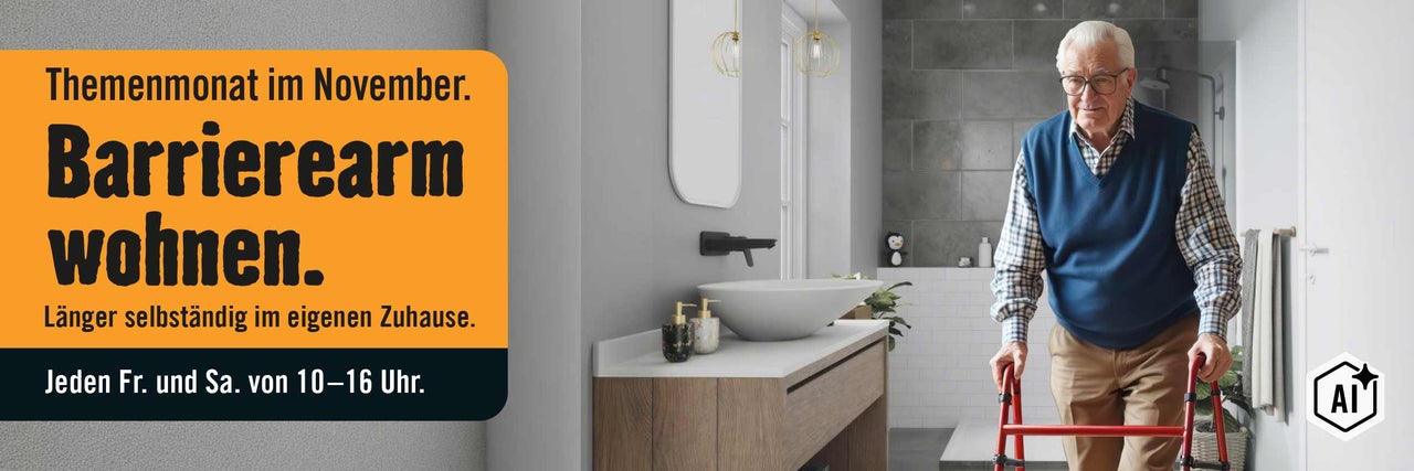 Älterer Mann mit Rollator in einem modernen, barrierefreien Badezimmer. Werbeaktion zum Thema barrierefreies Wohnen im November bei Hornbach.