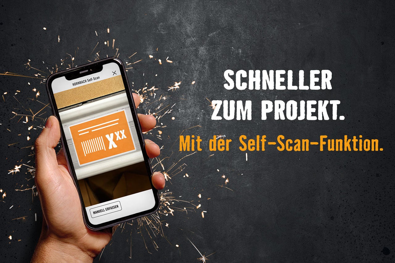 Smartphone mit Barcode, daneben der Text „Schneller zum Projekt. Mit der Self-Scan-Funktion.“