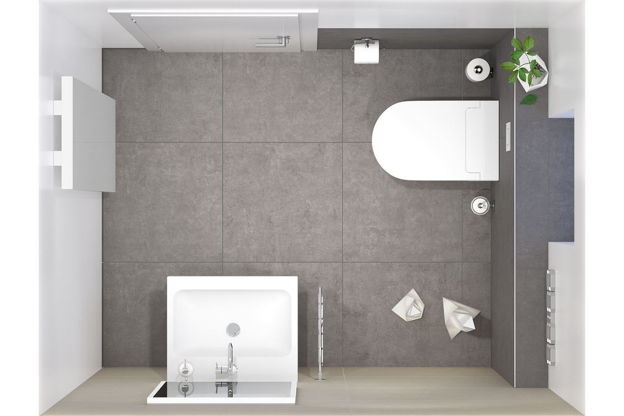 Draufsicht eines Badezimmers mit Dusche, Waschbecken, Toilette und grauen Fliesen