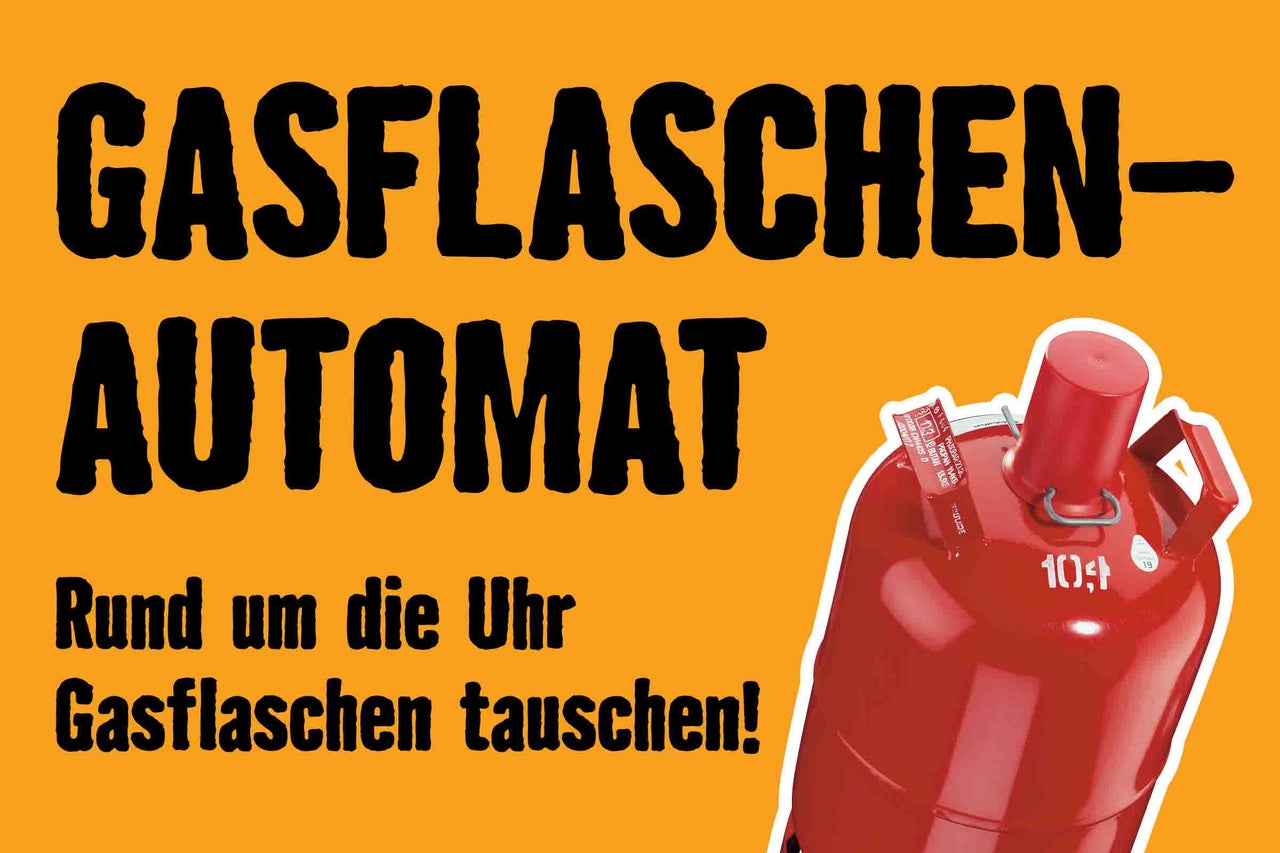 Gasflaschenautomat zum rund um die Uhr Gasflaschen tauschen mit einer Gasflasche abgebildet.