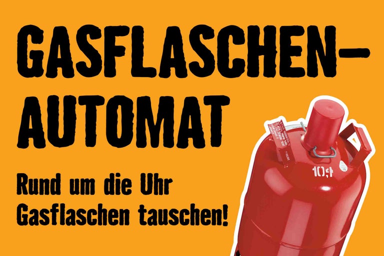Gasflaschenautomat zum rund um die Uhr Gasflaschen tauschen mit einer Gasflasche abgebildet.