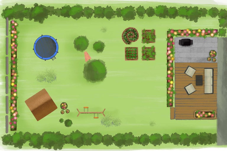 Illustration eines Gartens mit Terrasse, Trampolin, Spielplatz und Gemüsebeeten (Draufsicht)