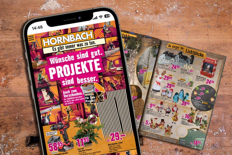Smartphone zeigt Hornbach Werbung mit Produkten für Haus und Garten.