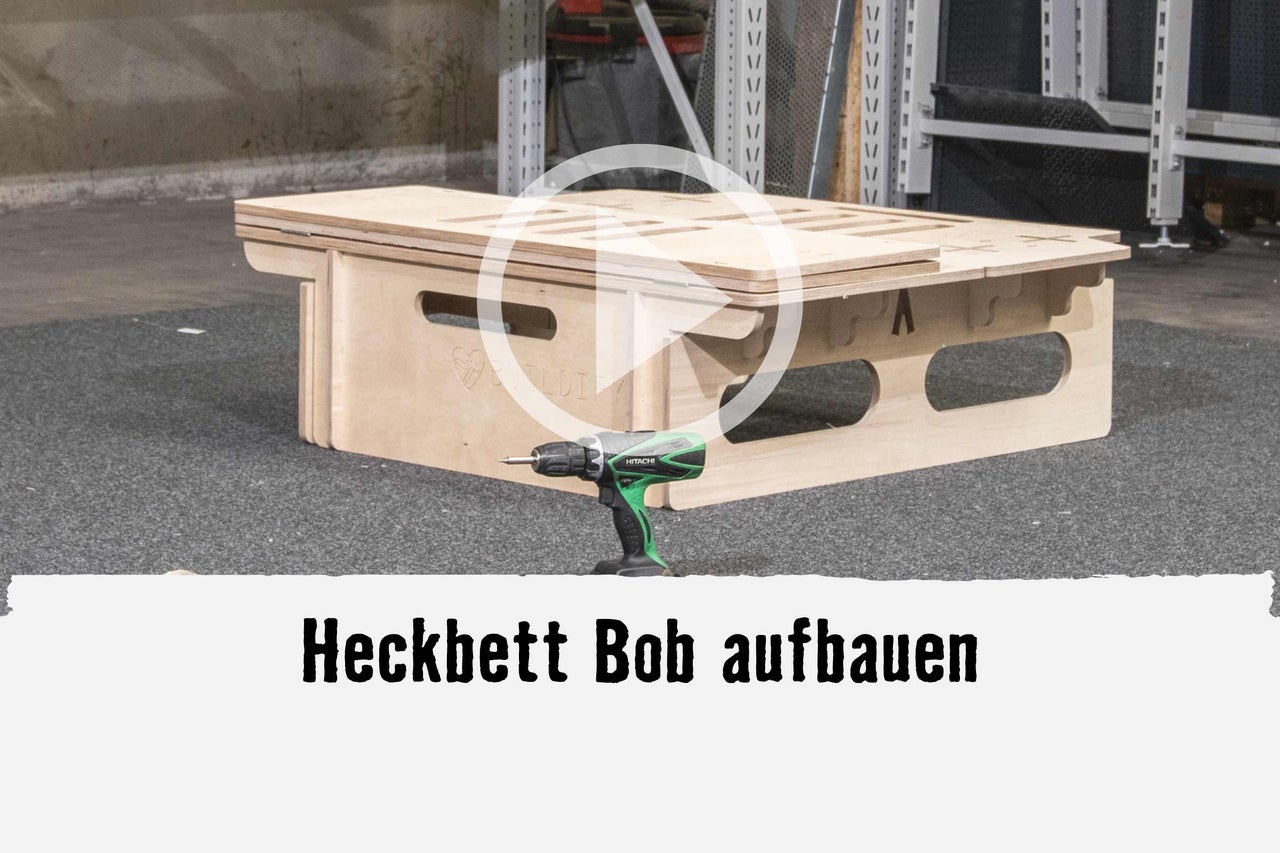 
			Heckbett Bob Aufbau Video mit einem Akkuschrauber.
		