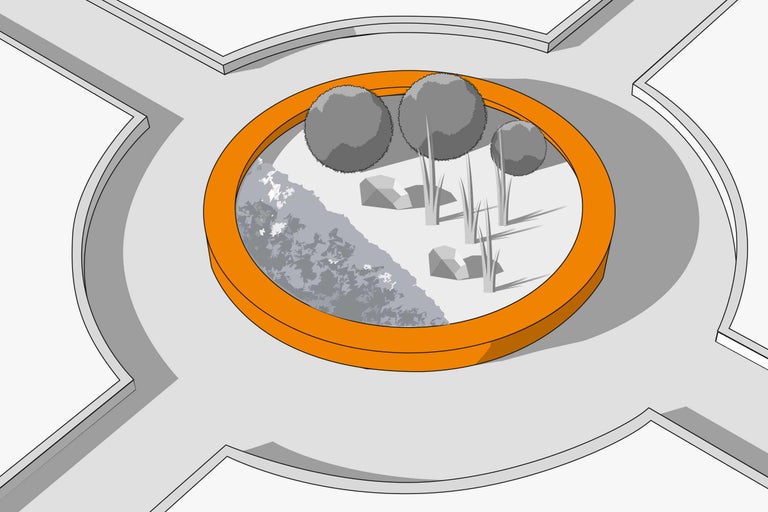 Rundes Beet mit Bäumen und Bepflanzung