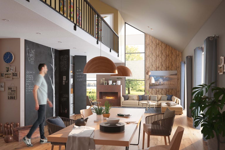 Helles Wohnzimmer mit Esstisch, Sofa, Kamin und dekorativer Wandgestaltung.