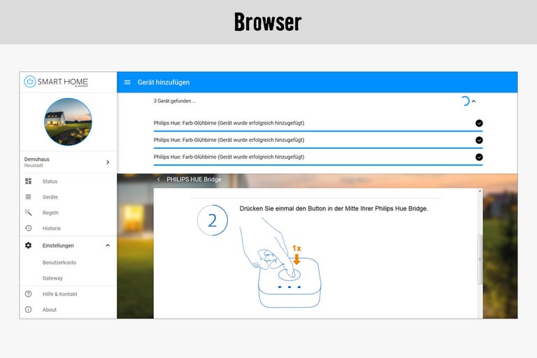 Screenshot der Smart Home App von Hornbach mit Philips Hue Bridge Anweisungen