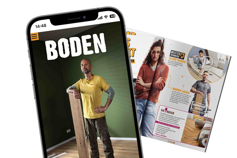Ein Smartphone und eine Zeitschrift zeigen Bodenbeläge und Handwerkerservice.