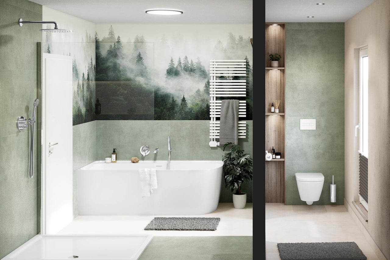 Modernes Badezimmer mit Dusche, Badewanne, Heizkörper und WC.