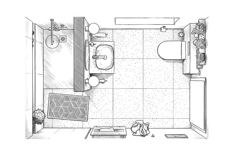 Draufsicht eines Badezimmers mit Dusche, Waschbecken, Toilette und Badaccessoires