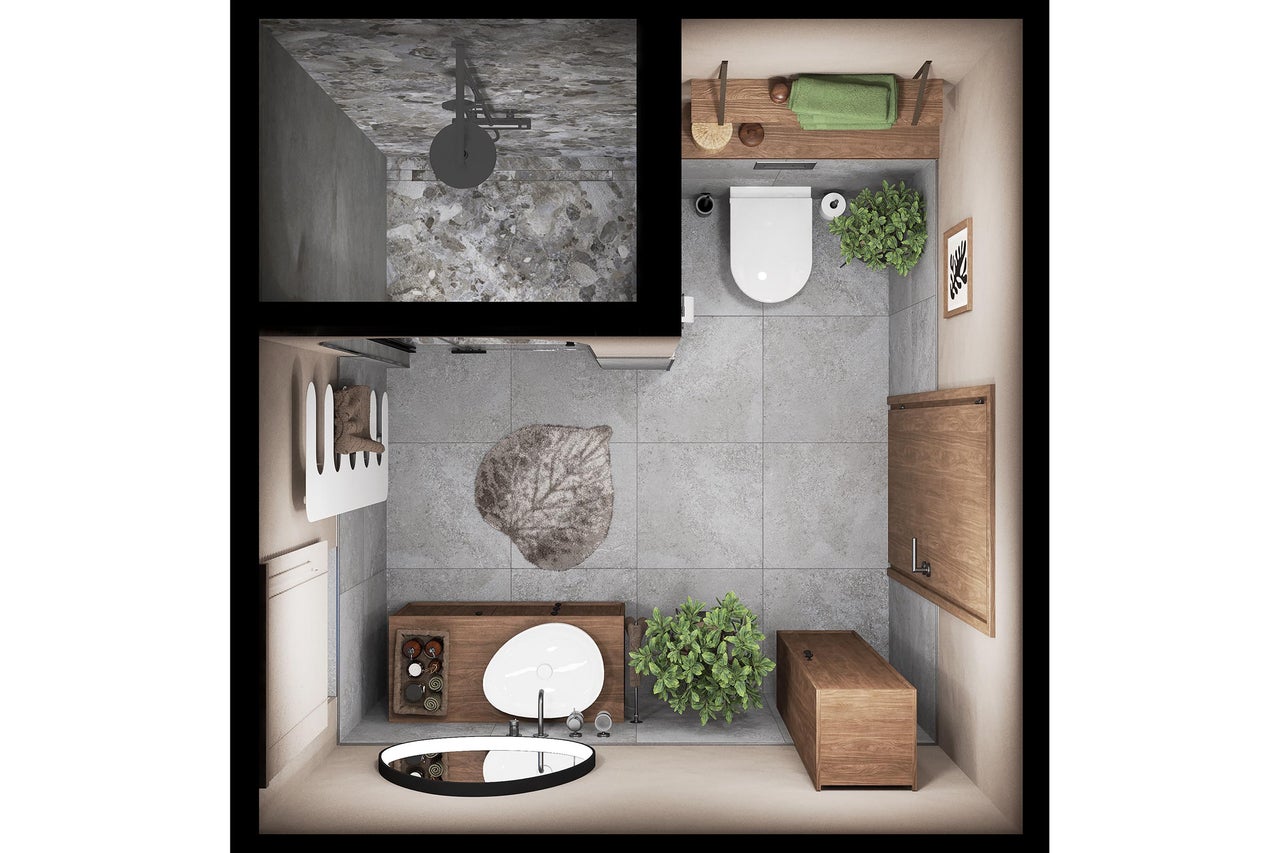 Draufsicht eines Badezimmers mit begehbarer Dusche, WC, Waschtisch aus Holz, Pflanzen und Fliesen in Natursteinoptik.