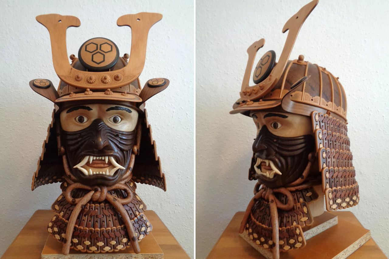 Samurai Helm aus Holz, Front- und Seitenansicht