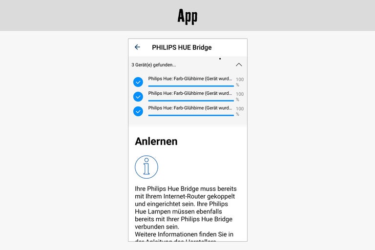 Philips Hue App-Anzeige mit verbundenen Glühbirnen