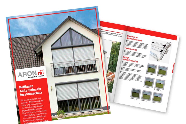 Produktbroschüre für ARON Rollladen, Außenjalousien und Insektenschutz an einem Haus.