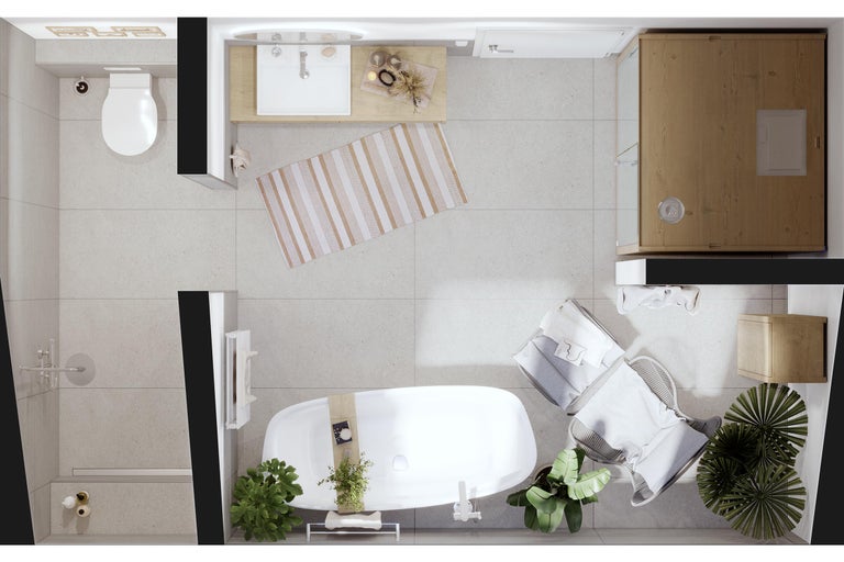 Draufsicht eines Badezimmers mit Toilette, Waschbecken, Badewanne und Dusche.