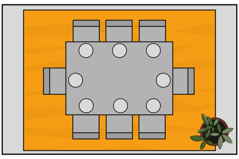 Draufsicht eines Esszimmers mit Tisch, Stühlen und Zimmerpflanze auf einem Teppich