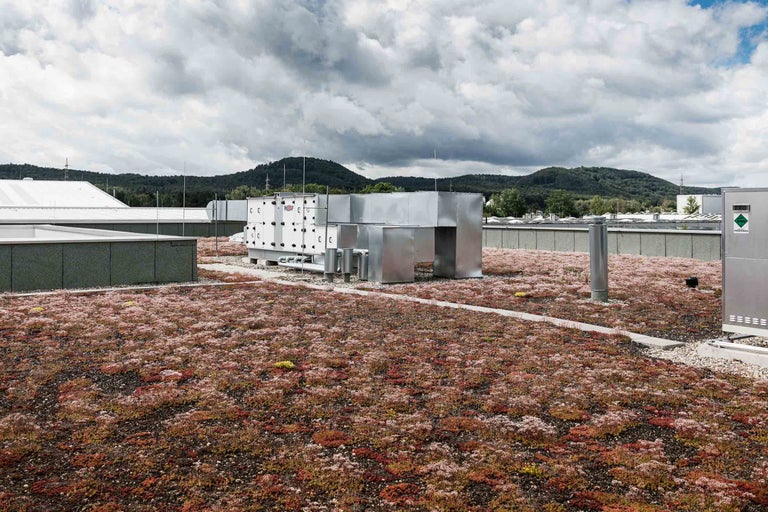 Begrüntes Dach mit Lüftungsanlage und Blick auf die Landschaft
