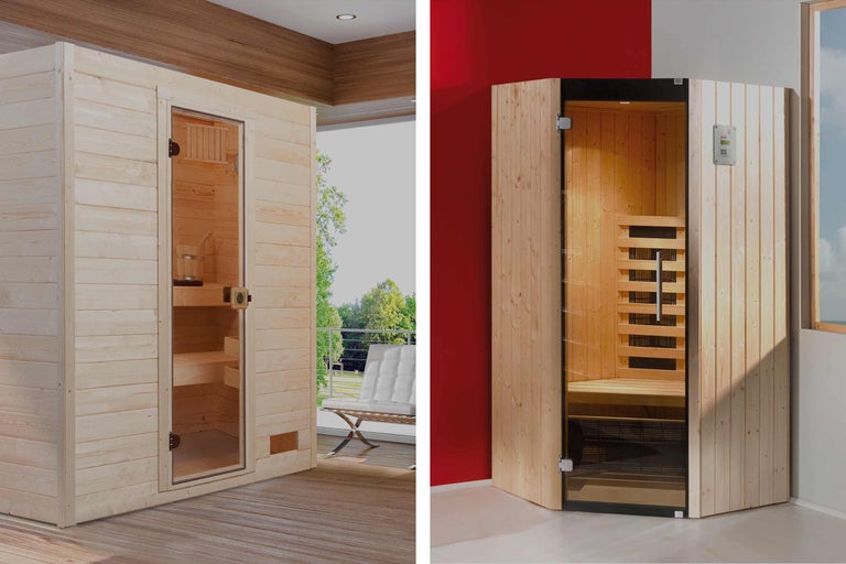 Zwei Saunen aus Holz mit Glastür und Bänken zur Entspannung.