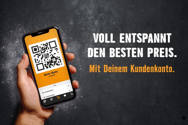 Smartphone mit QR-Code, daneben der Text „Voll entspannt den besten Preis. Mit Deinem Kundenkonto.“