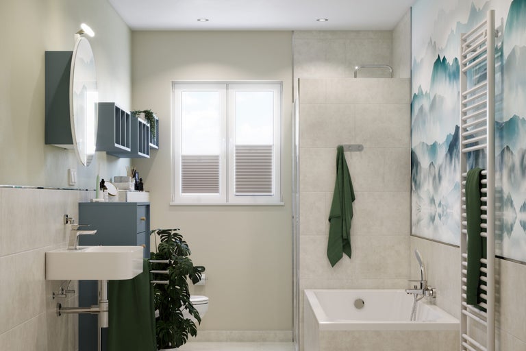 Helles Badezimmer mit Waschtisch, Spiegel, Badewanne, Handtuchwärmer und Fenster für ein freundliches Ambiente