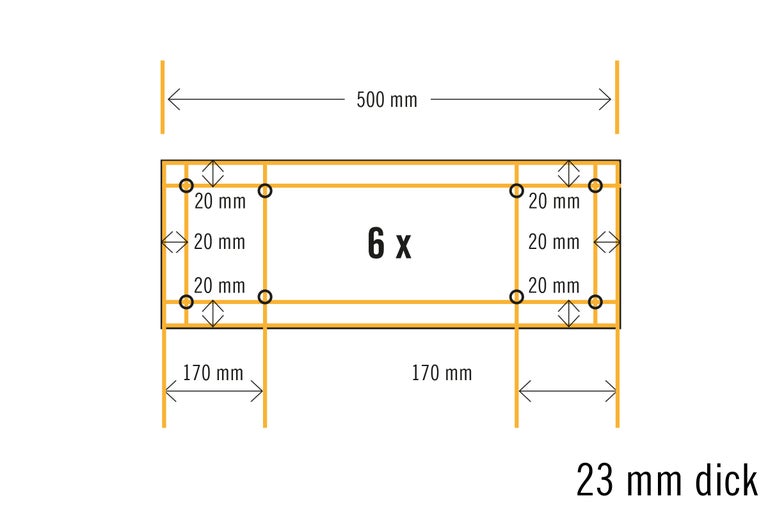 Schematische Darstellung mit Maßangaben: 500 mm Breite, 23 mm Dicke, 170 mm Höhe und 20 mm Abstand