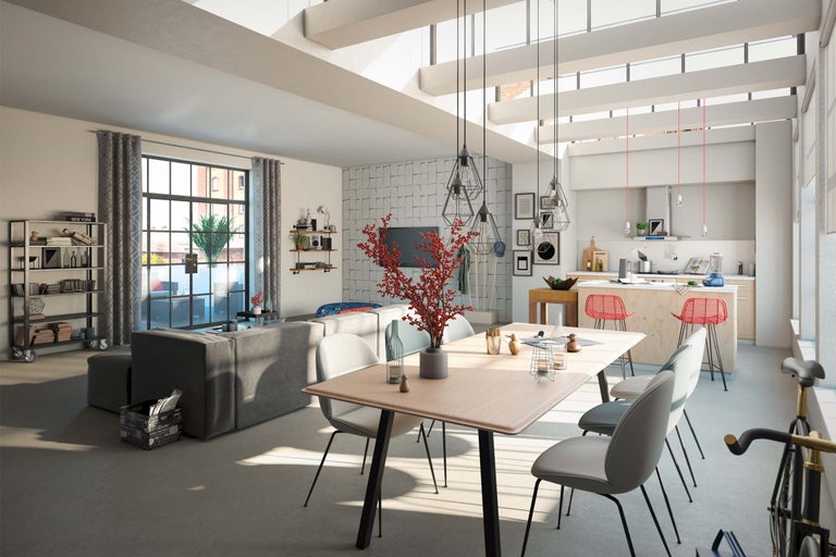 Heller Wohnraum mit Sofa, Esstisch, Stühlen und offener Küche.