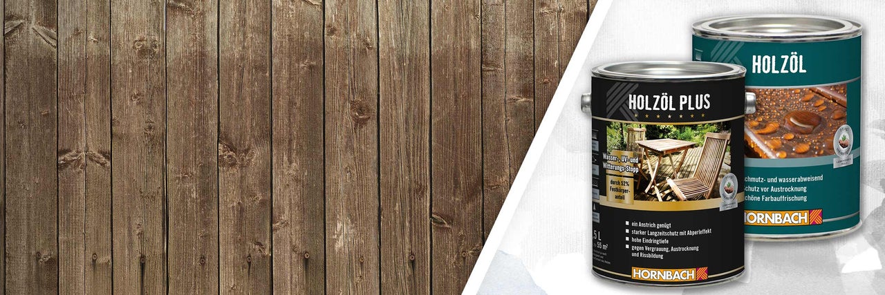Zwei Dosen Holzöl und Holzöl Plus vor einem Holzhintergrund.